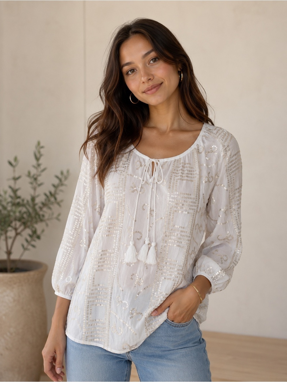 Oliphant white Sequin Embellished Peasant Blouse - White